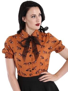 Hell Bunny Rust Orange Fox-Print Blouse with Black Tie